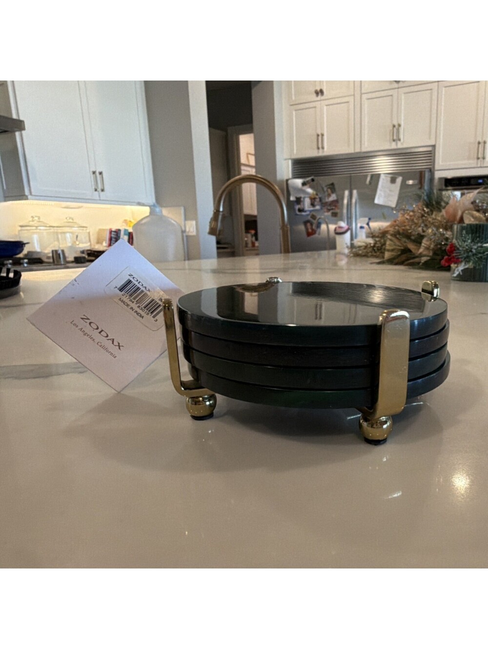 Zodax Green gold Marbled Coaster Set with Holder, 4 Piece REVOLVE MSRP $80